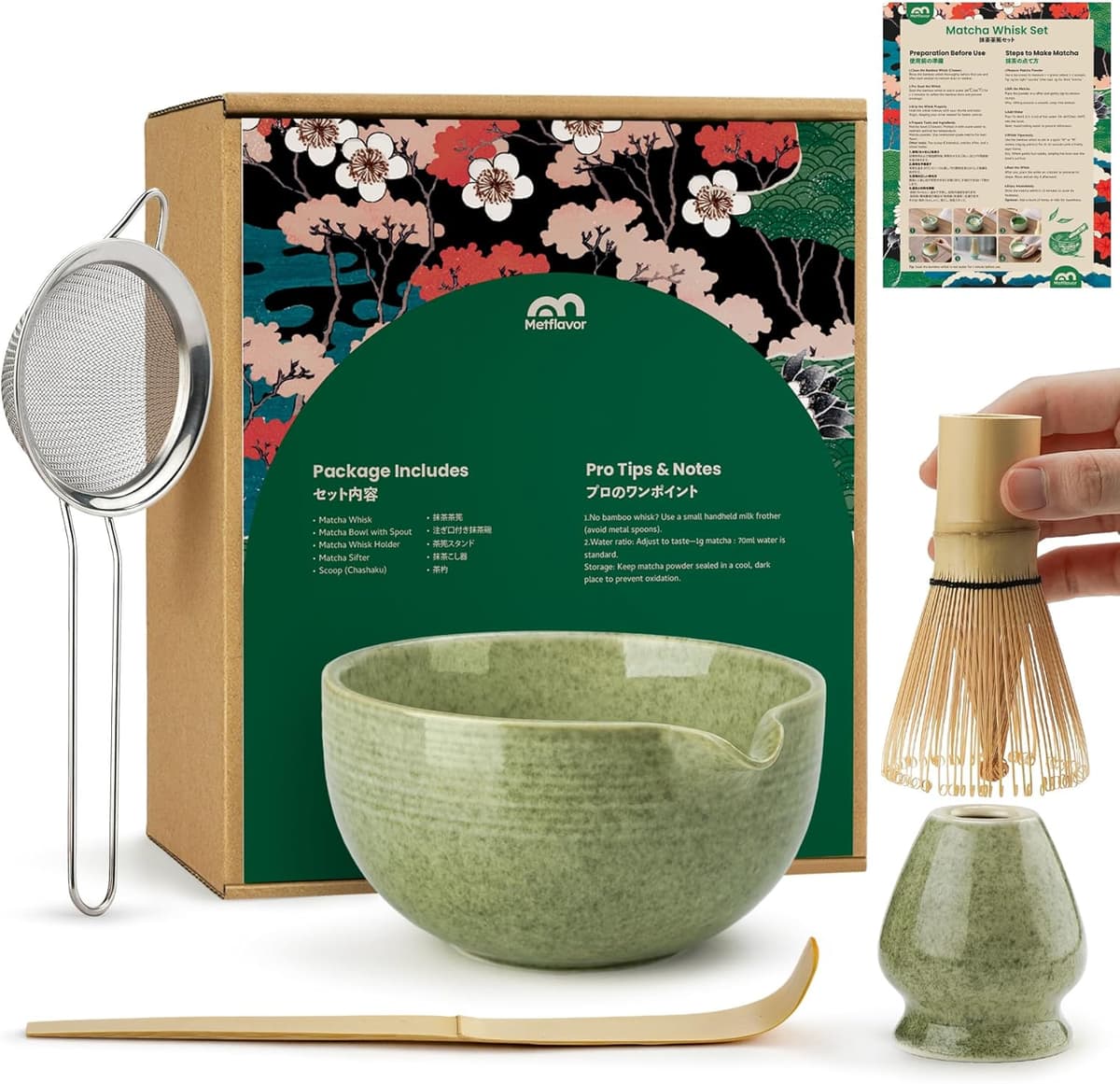 Matcha Whisk Set with Bamboo Whisk, Ceramic Bowl, and Holder