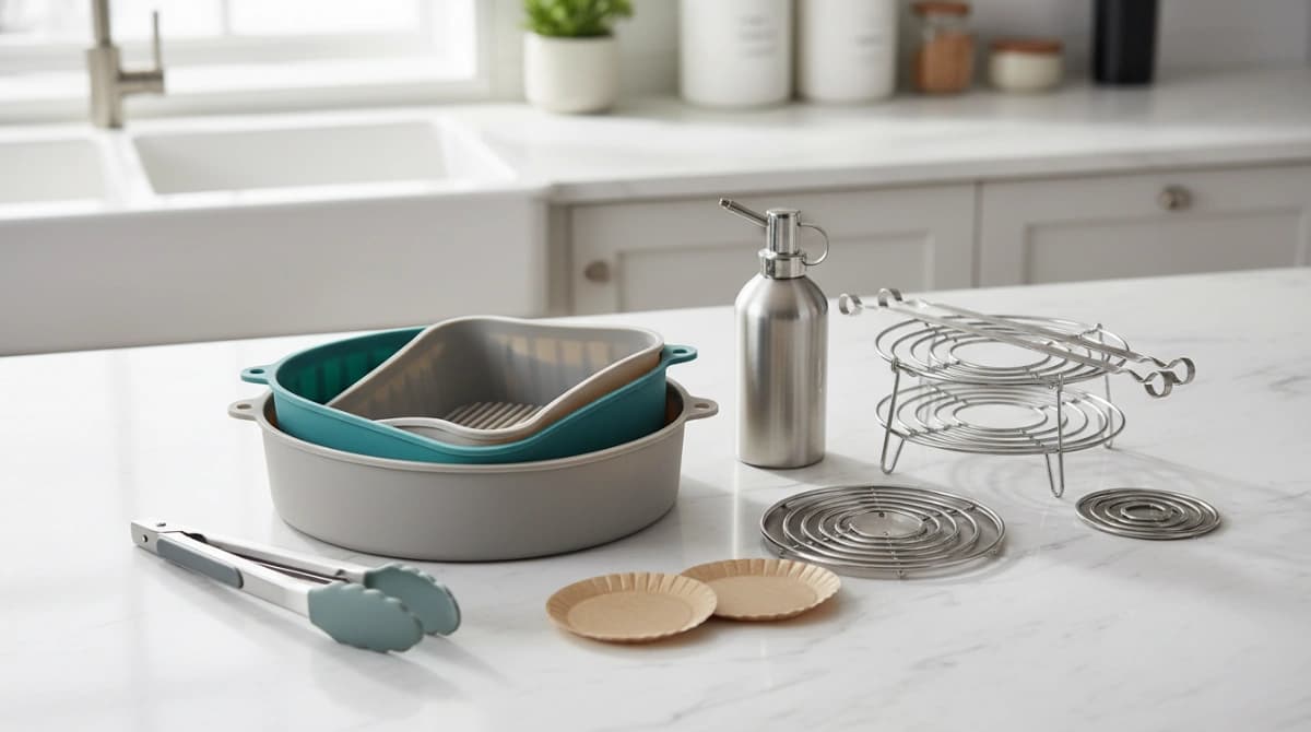 Collection of essential air fryer accessories including silicone liners, oil misters, and rack inserts on a clean kitchen counter
