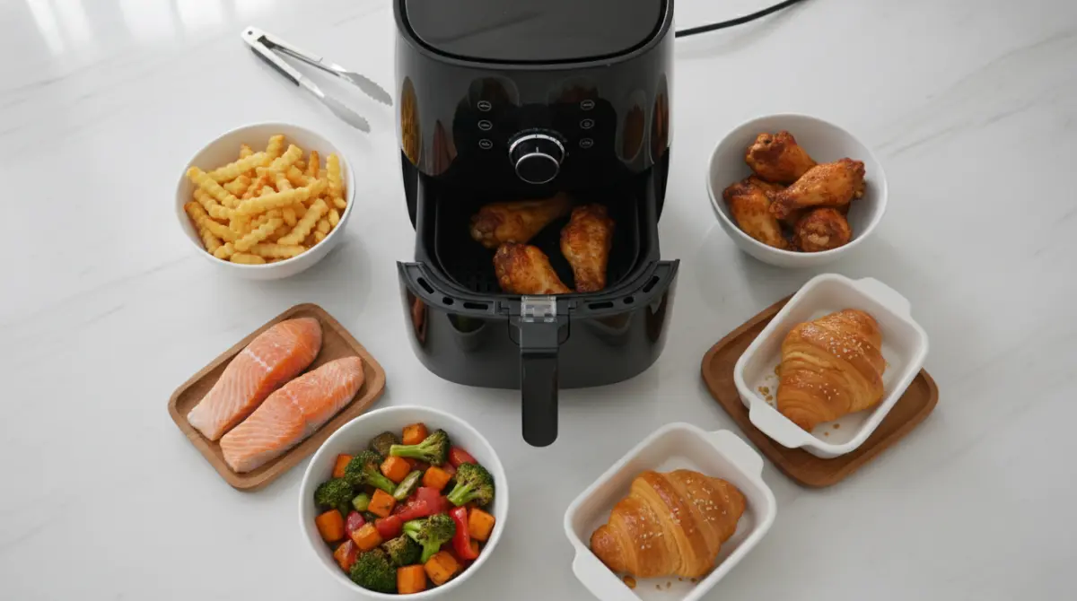 A kitchen counter featuring an air fryer surrounded by neatly arranged ingredients and cooked foods that visually imply different cooking times. Include items like golden french fries, crispy chicken wings, roasted vegetables, salmon fillets, and baked pastries.