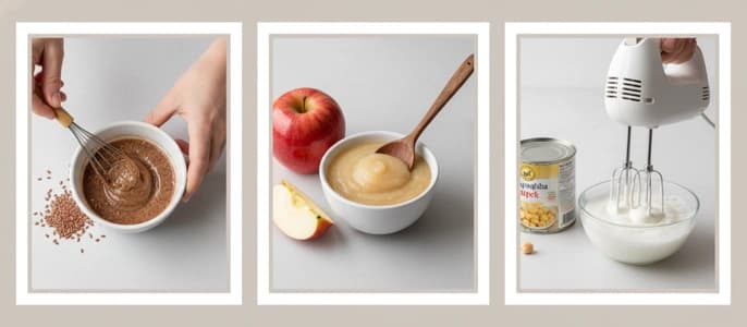 A collage of vegan egg replacements for baking, including a flax egg, applesauce, and aquafaba.