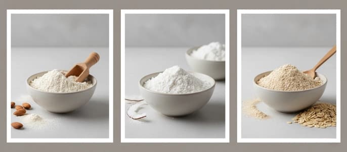 A collage of alternative flours for healthy baking, including almond flour, coconut flour, and oat flour.