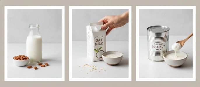 A collage of dairy-free milk alternatives for baking, including almond milk, oat milk, and coconut milk.