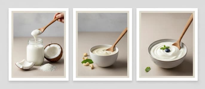 A collage of specialty baking swaps, including coconut cream, cashew cream, and Greek yogurt.
