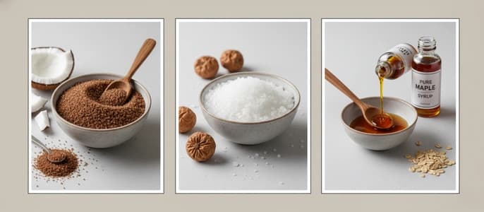 A collage of healthy sugar alternatives for baking, including coconut sugar, monk fruit sweetener, and maple syrup.