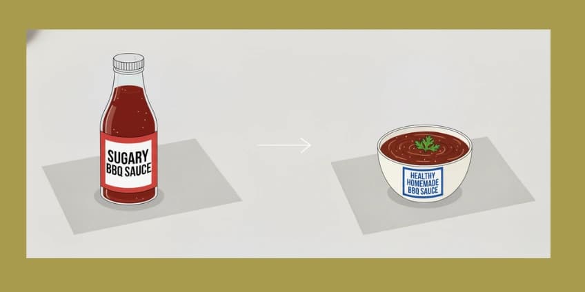 A side-by-side illustration swapping a sugary BBQ sauce bottle for a bowl of healthy homemade BBQ sauce.