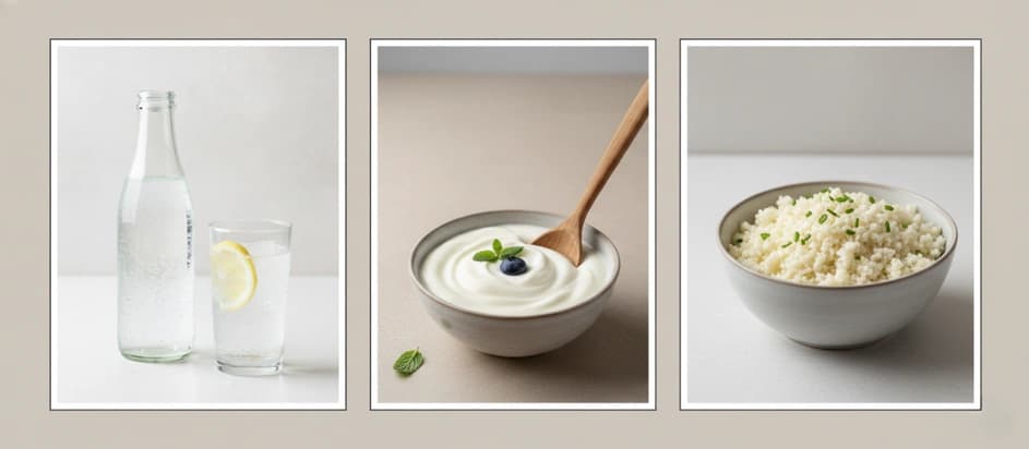 A collage of easy healthy swaps for beginners, including sparkling water, Greek yogurt, and cauliflower rice.