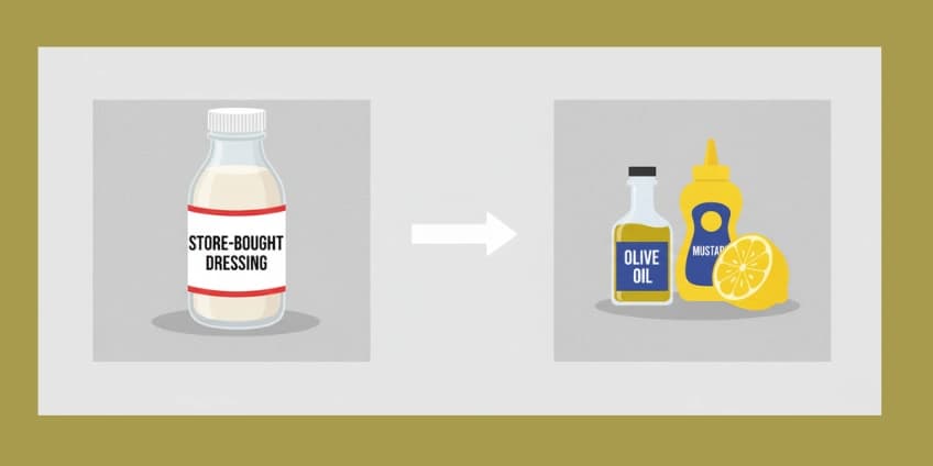 A side-by-side illustration swapping a bottle of store-bought dressing for olive oil, lemon, and mustard.