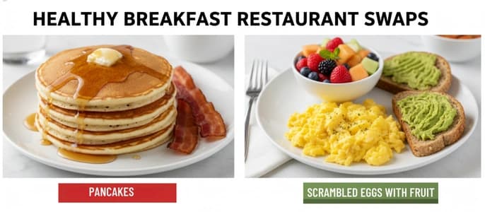 A collage illustrating of healthy breakfast restaurant swaps, showing scrambled eggs with fruit instead of pancakes.