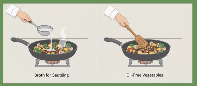 Illustration showing vegetables being sautéed in a pan using broth instead of oil.