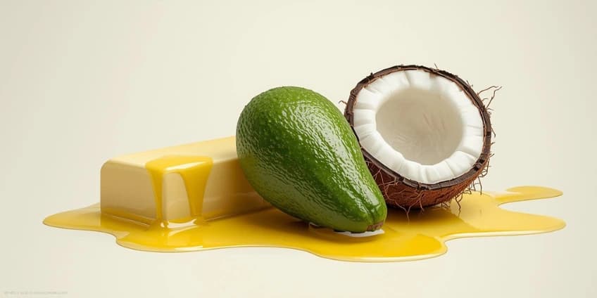A side-by-side illustration comparing a stick of butter to a bottle of avocado oil and a jar of coconut oil.