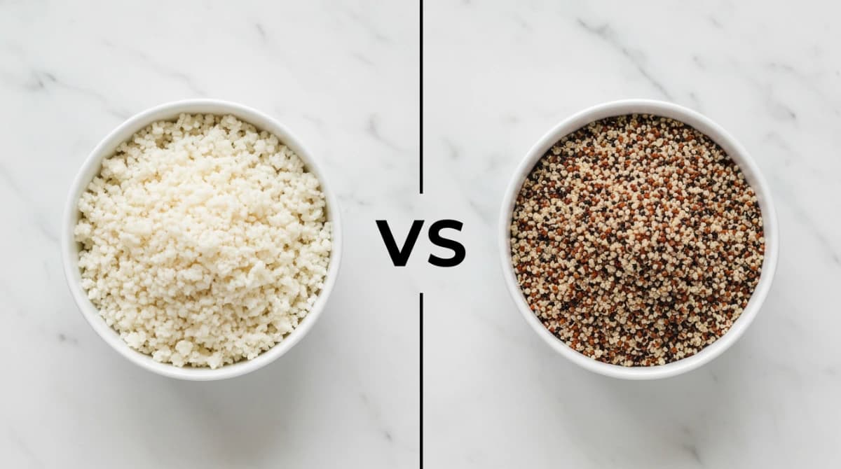 Split-screen comparison showing a bowl of fluffy white cauliflower rice on the left and colorful quinoa on the right, both garnished with fresh herbs.