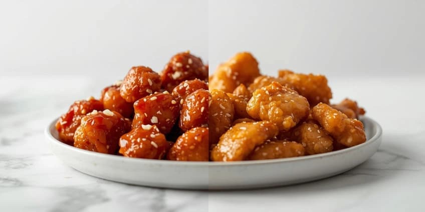 A side-by-side comparison of a traditional heavy General Tso's Chicken and a healthy baked version.
