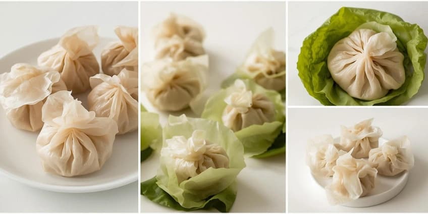 A collage of healthy dumpling swaps, including steamed dumplings, rice paper wrappers, and lettuce cups.