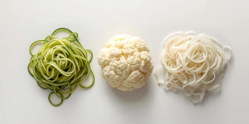 A collage of healthy noodle and rice swaps, including zucchini noodles, cauliflower rice, and shirataki noodles.