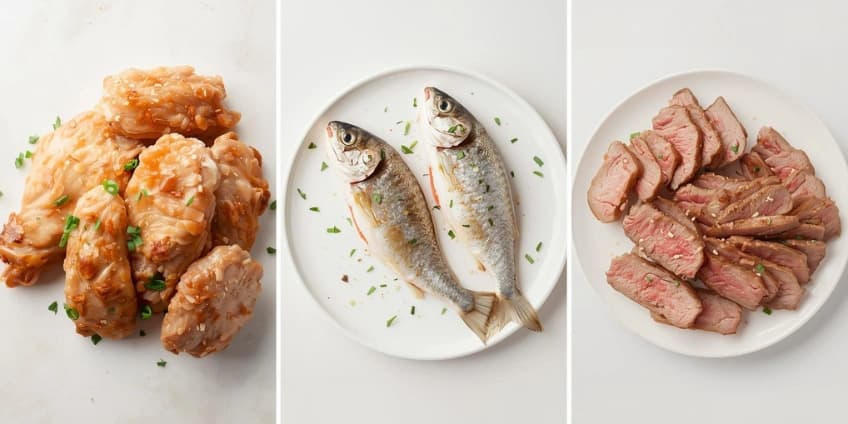 A collage of healthy Chinese protein swaps, including tender velveted chicken, steamed fish, and lean flank steak.
