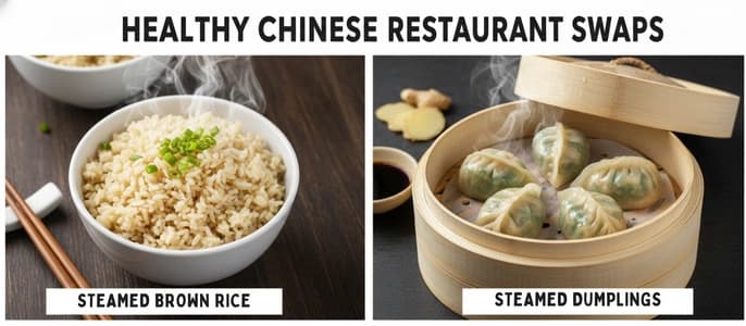 A collage illustrating of healthy Chinese restaurant swaps, showing steamed brown rice instead of fried rice and steamed dumplings instead of egg rolls.
