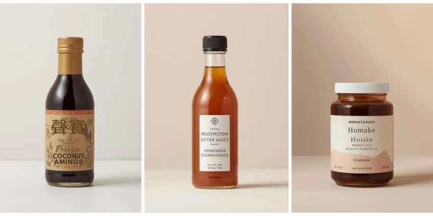 A collage of healthy Chinese sauce swaps, including coconut aminos, mushroom oyster sauce, and homemade hoisin.