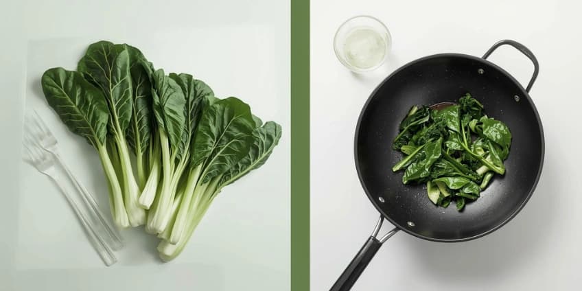 A collage of healthy Chinese vegetable swaps, including bok choy, gai lan, and a wok showing a light-fry technique.