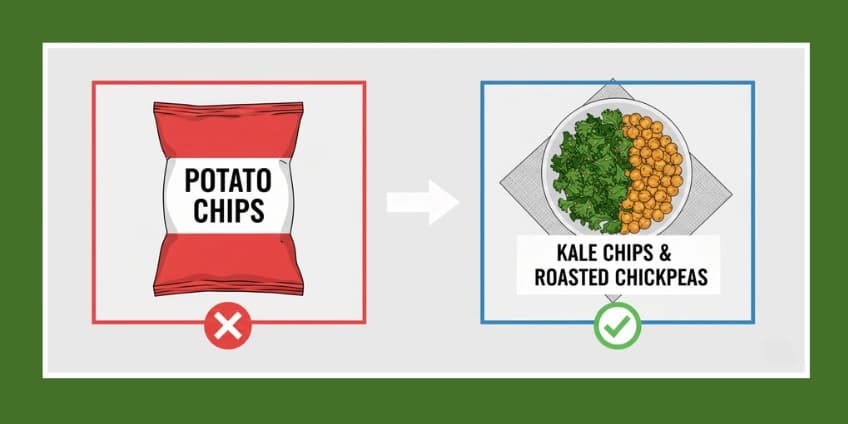A side-by-side illustration swapping a bag of potato chips for a bowl of kale chips and roasted chickpeas.