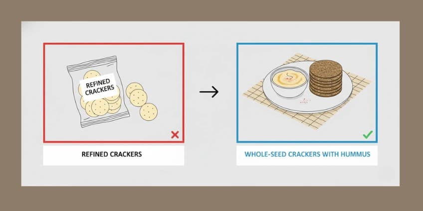 A side-by-side illustration swapping refined crackers for whole-seed crackers with hummus.