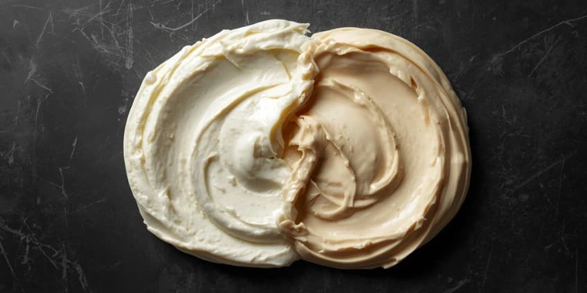 A side-by-side illustration comparing a tub of cream cheese to a bowl of cashew cream cheese.