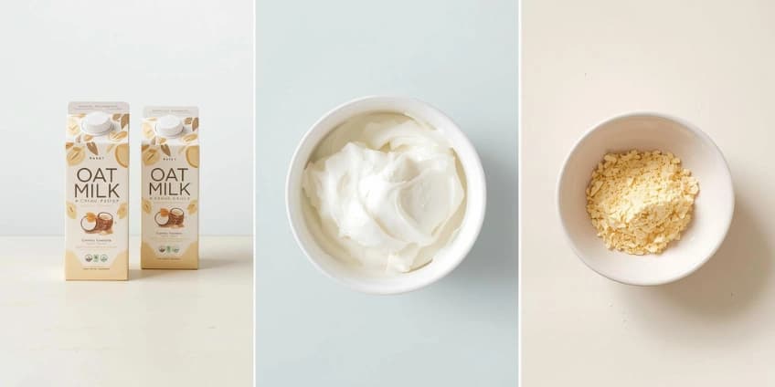A collage of dairy-free swaps including oat milk, coconut cream, and nutritional yeast.