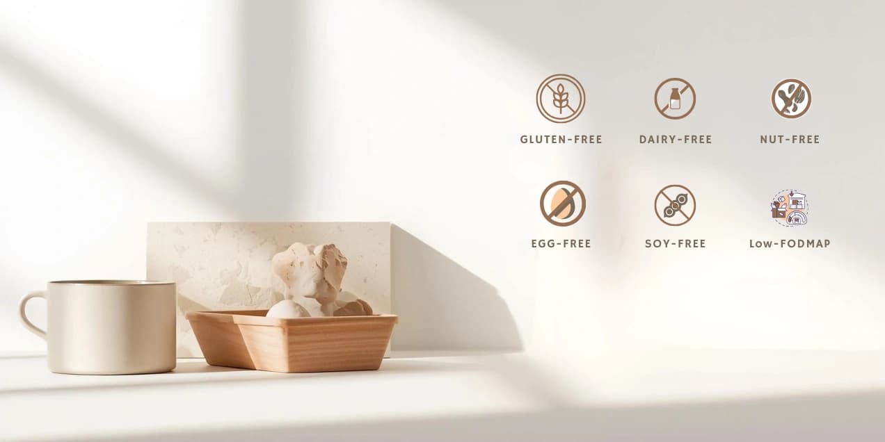 A guide to healthy swaps for all dietary restrictions, showing icons for gluten-free, dairy-free, nut-free, and more.