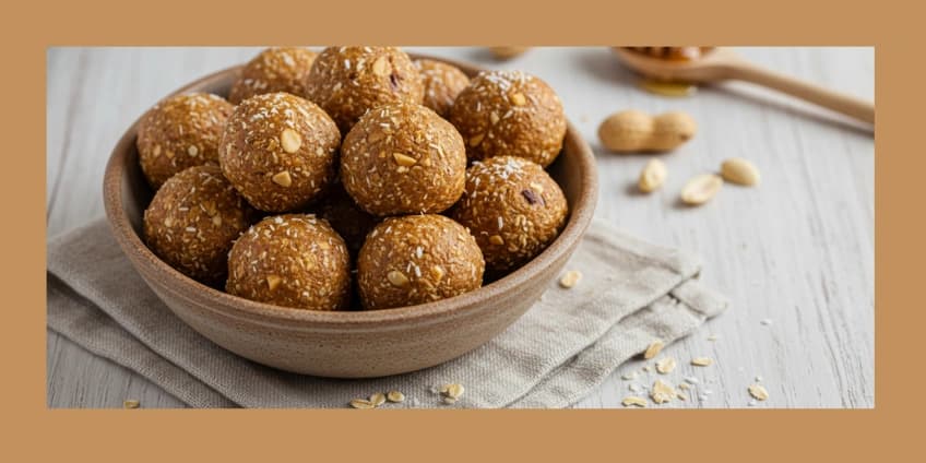 A bowl of homemade energy balls made with oats, peanut butter, and honey.