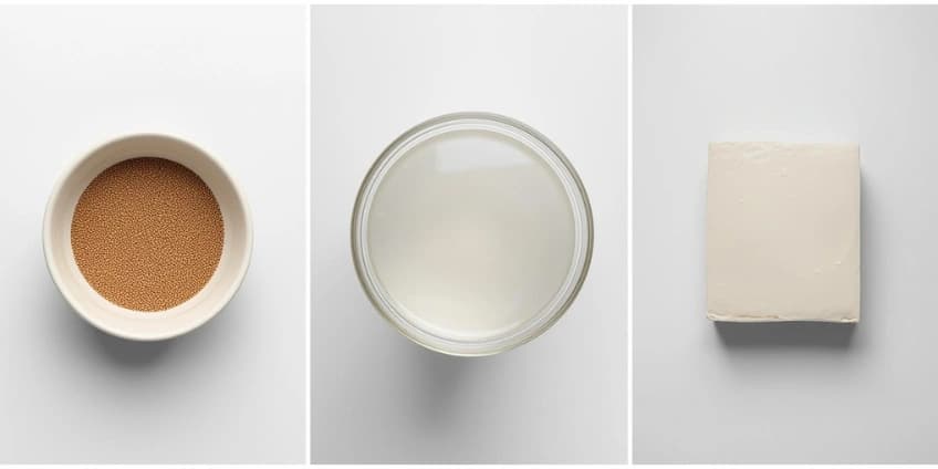 A collage of egg-free swaps including a flax egg, aquafaba from chickpeas, and silken tofu.