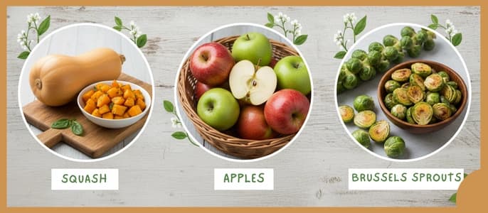 A collage of fall seasonal produce swaps, including butternut squash, apples, and Brussels sprouts.