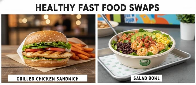 A collage illustrating of healthy fast food swaps, showing a grilled chicken sandwich instead of a burger and a salad bowl instead of a burrito.