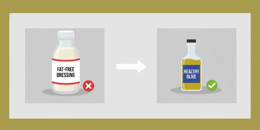 A side-by-side illustration showing a bottle of fat-free dressing (bad) swapped for a bottle of healthy olive oil (good).