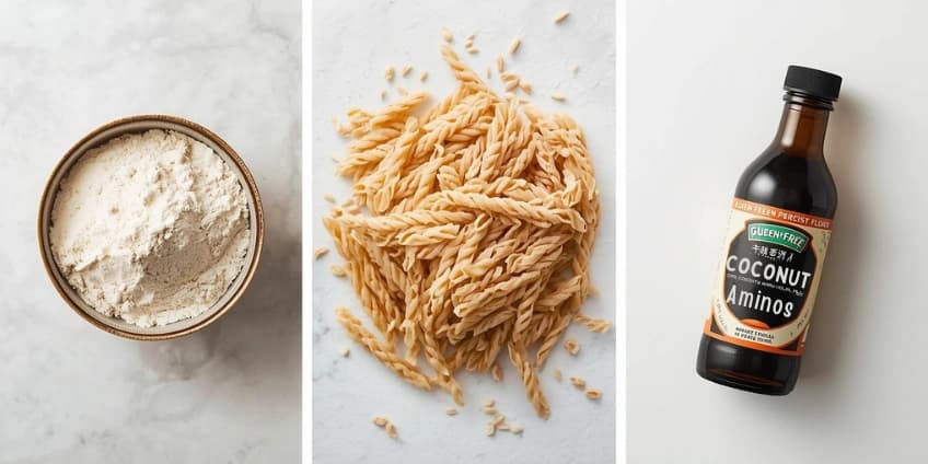 A collage of gluten-free swaps including gluten-free flour, rice pasta, and coconut aminos.