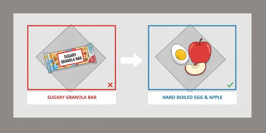 A side-by-side illustration swapping a sugary granola bar for a hard-boiled egg and an apple.