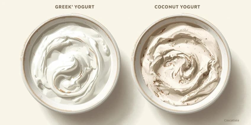 A side-by-side illustration comparing a tub of Greek yogurt to a jar of coconut yogurt.