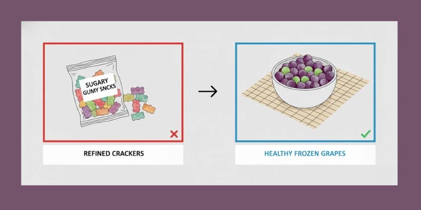 A side-by-side illustration swapping sugary gummy snacks for a bowl of healthy frozen grapes.