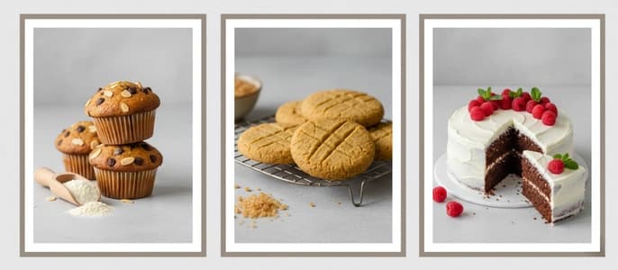 A collage of healthy baked goods, including muffins, cookies, and cake, made with ingredient swaps.