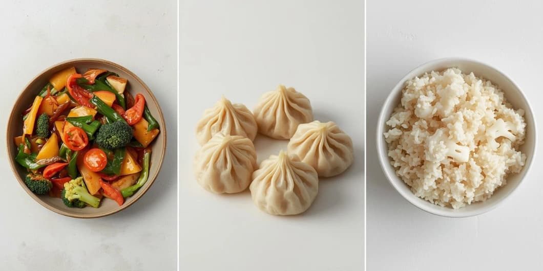 A collage of healthy Chinese food, including a vibrant stir-fry, steamed dumplings, and cauliflower fried rice.