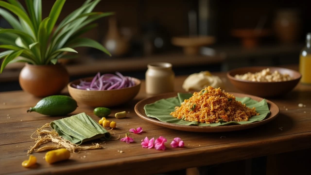 A rustic wooden table displaying a plate of seasoned rice on a banana leaf, surrounded by fresh ingredients like limes, red onions, nuts, and green leaves.