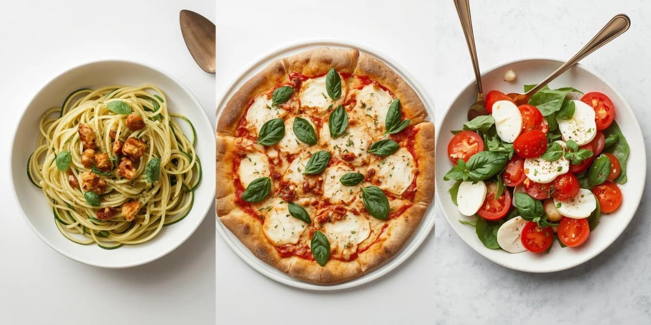 A collage of healthy Italian food, including zucchini pasta, cauliflower pizza, and a caprese salad.