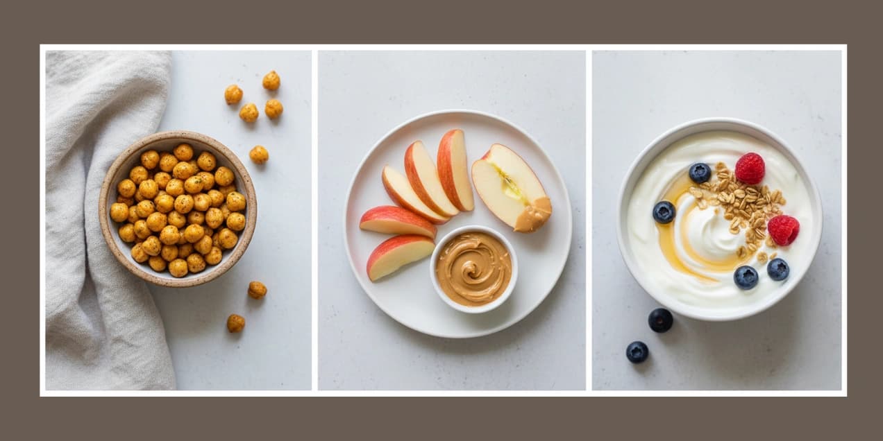 A collage of healthy snack swaps, including roasted chickpeas, an apple with peanut butter, and a bowl of Greek yogurt.