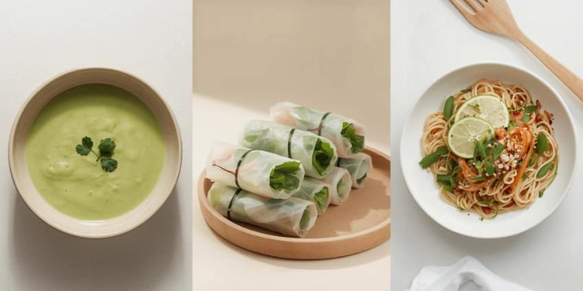 A collage of healthy Thai food, including a light green curry, fresh summer rolls, and healthy pad thai.