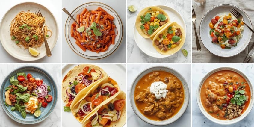 A collage of healthy international foods, including pasta, tacos, and curry, for a guide to world cuisine swaps.