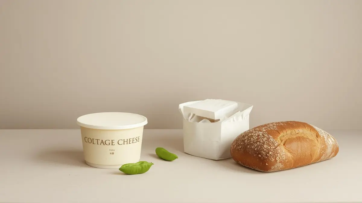 A collage of high-protein food swaps, including cottage cheese, tofu, and edamame, with the title "8 High-Protein Swaps"