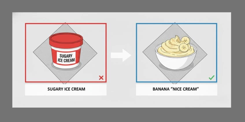 A side-by-side illustration swapping a tub of ice cream for a bowl of banana "nice cream".