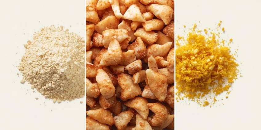 A collage of healthy Italian breading swaps, including almond flour, crushed pork rinds, and nutritional yeast.