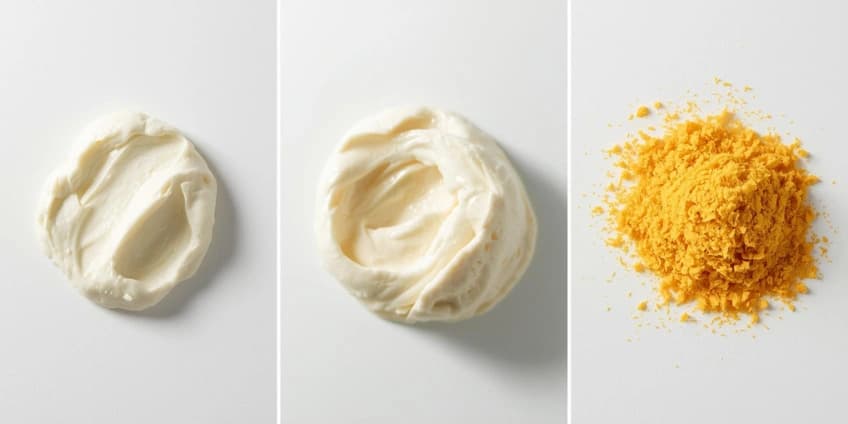 A collage of healthy Italian cheese swaps, including nutritional yeast, cashew ricotta, and part-skim mozzarella.