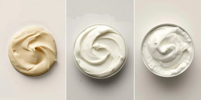 A collage of healthy Italian cream swaps, including cashew cream, cauliflower cream, and Greek yogurt.