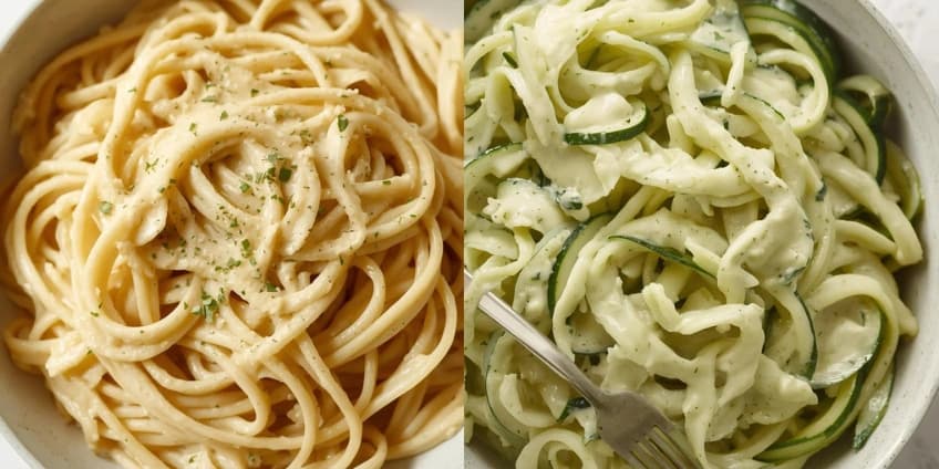A side-by-side comparison of traditional fettuccine alfredo and a healthy alfredo made with zucchini noodles.