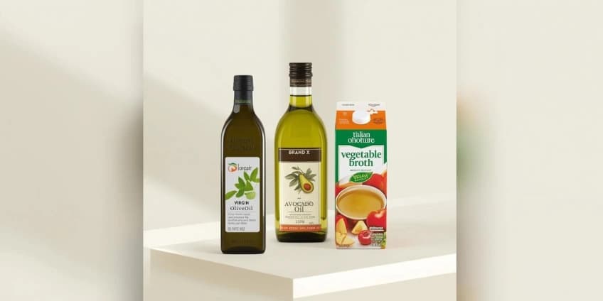 A collage of healthy Italian fat swaps, including extra virgin olive oil, avocado oil, and vegetable broth.